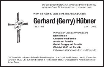 Traueranzeige von Gerhard Hübner von Pegnitz-Zeitung